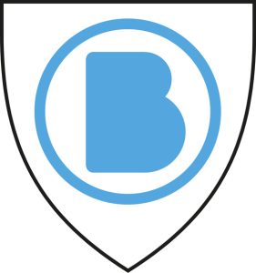A blue stylised letter B in the centre of a shield
