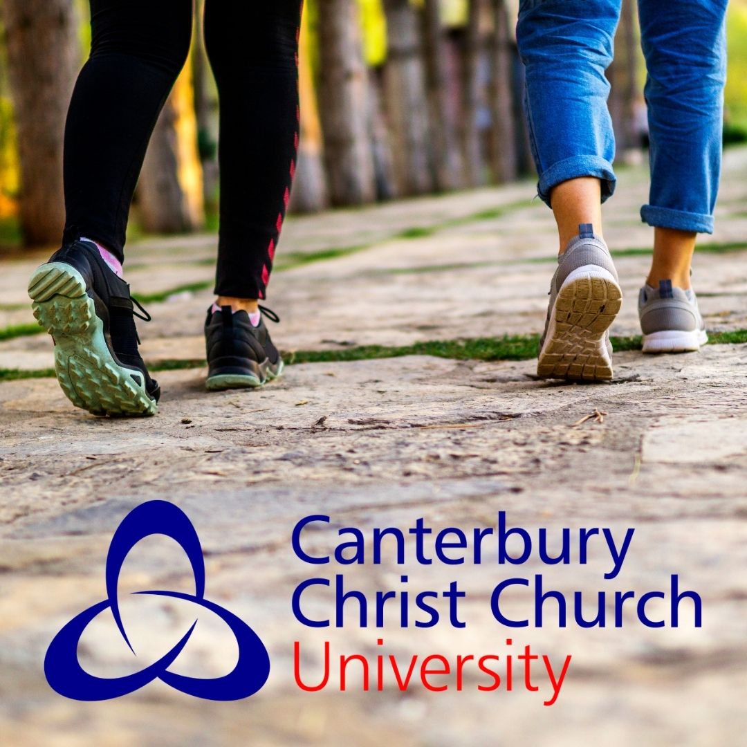 A photo of two walking people's legs with the Canterbury Christ Church University logo over it