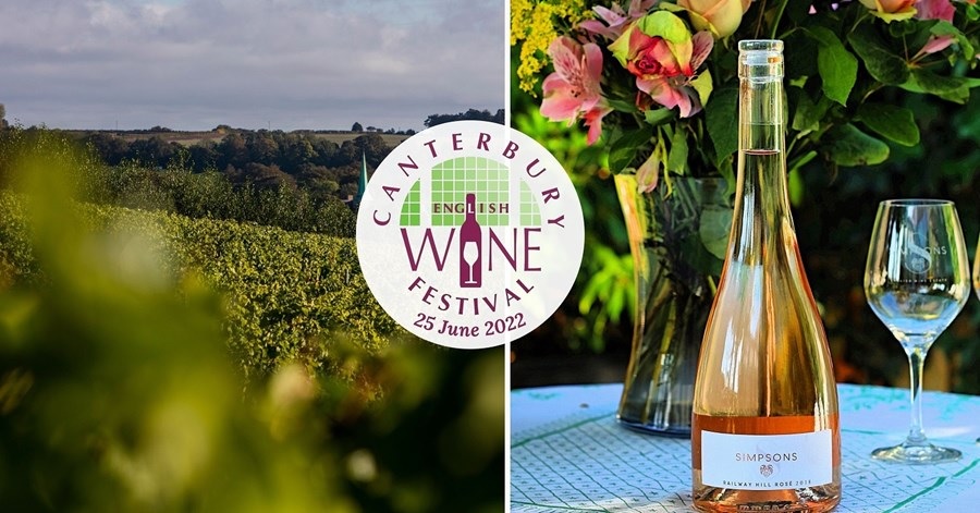 Two photos; one of a vineyard, one of some rose wine. The Canterbury English Wine Festival logo is displayed over it