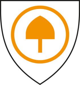A simple orange symbol in the centre of a shield