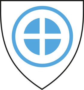 A blue symbol of a cross within a circle in the centre of a shield