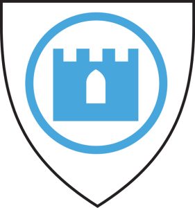A simple blue symbol of a castle in the centre of a shield