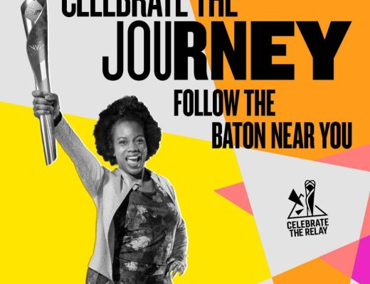 A poster of a smiling woman holding the Queen's Baton that reads 'celebrate the journey - follow the baton near you'