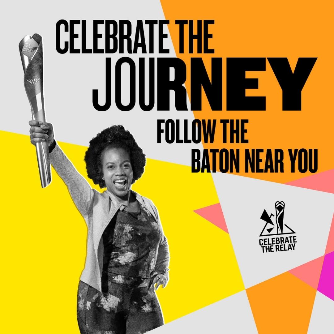 A poster of a smiling woman holding the Queen's Baton that reads 'celebrate the journey - follow the baton near you'
