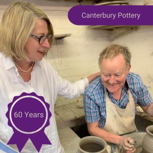 A photo of a man and a woman practicing pottery with text that reads 'Canterbury Pottery - 60 years' over it