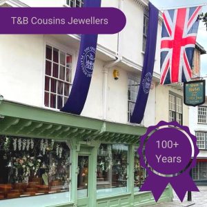 A photo of a shop with text over it that reads 'T&B Cousins Jewellers - 100+ years'