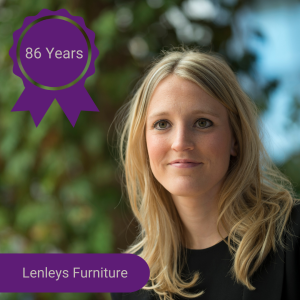 A photo of a woman with text over it that reads 'Lenleys Furniture - 86 years'