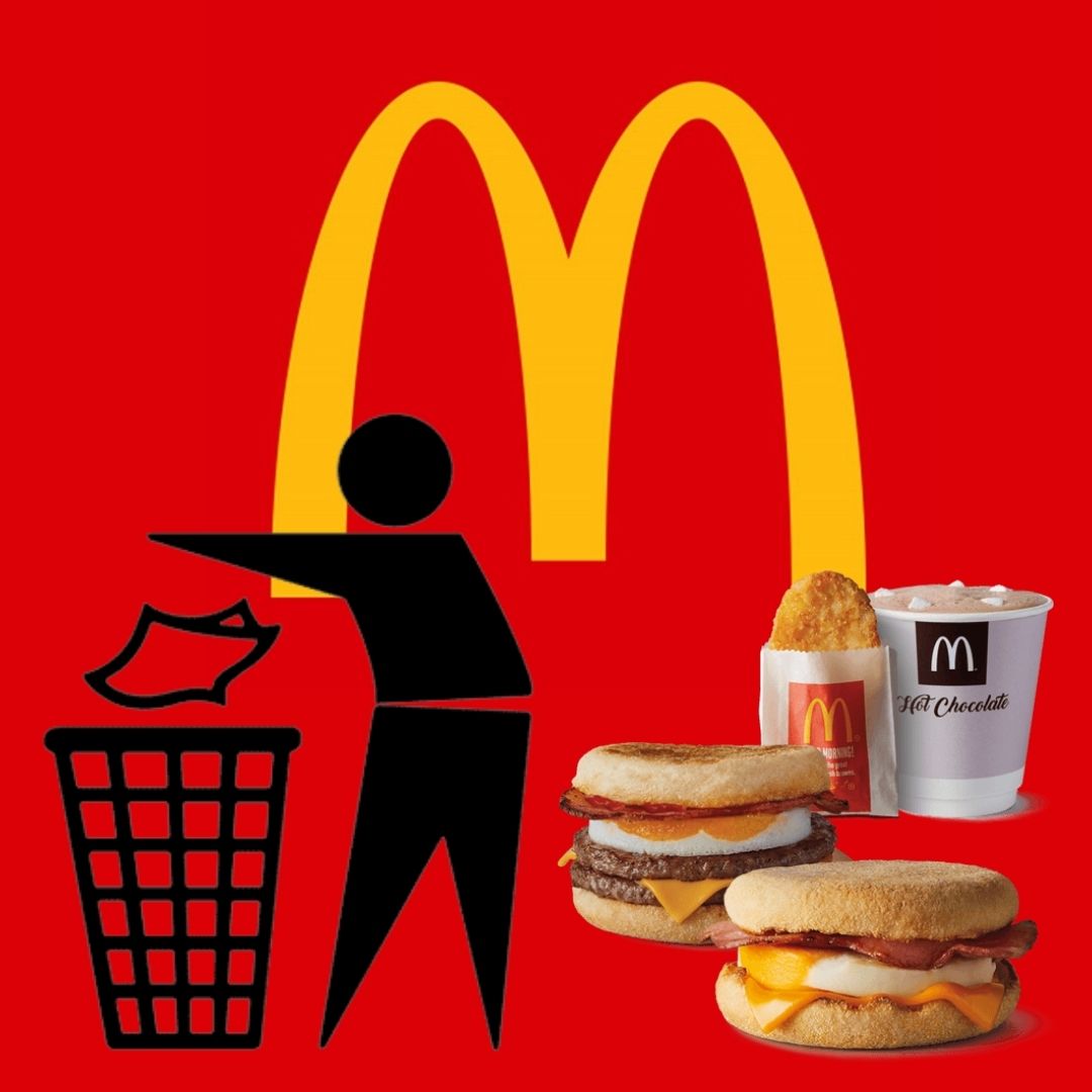 The McDonald's logo with breakfast products to the right and a 'no littering' symbol on the left