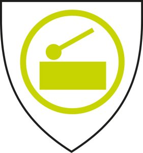 A simple yellow-green musical symbol in the centre of a shield