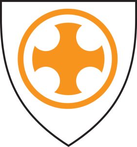 An orange symbol of a cross in the centre of a shield