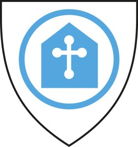 A blue symbol with a cross representing a church (St Dustan's) in the centre of a shield