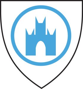 A blue symbol of a cathedral in the centre of a shield