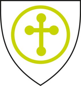 A green symbol of a cross in the centre of a shield