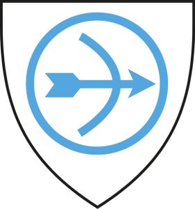 A blue bow and arrow symbol in the centre of a shield