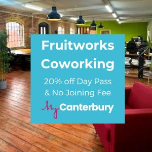A poster for MyCanterbury 'Fruitworks Coworking'