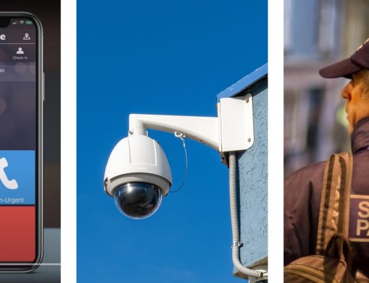 Three images; one of a smart phone displaying a Safe Zone app, another of a security camera, and another of the back of a man's head wearing a jacket that says 'street pastor'